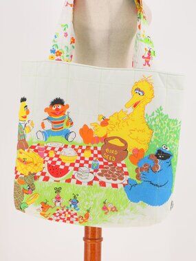 Handmade Vintage Sesame Street Quilted Bed Sheet Tot Bag